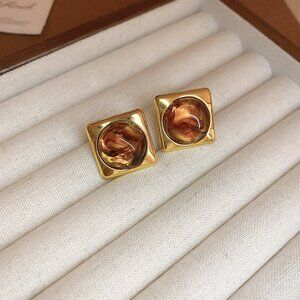 Women’s Gold Square-Trim Resin Circle Stud Earrings Silver Needle Lightweight